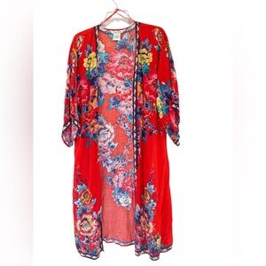Anthropologie Flying Red Tomato Floral Red Kimono/duster size Medium